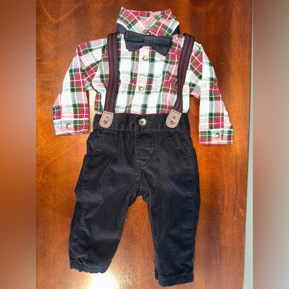 Carter's Plaid Holiday Outfit with Bow Tie and Suspenders